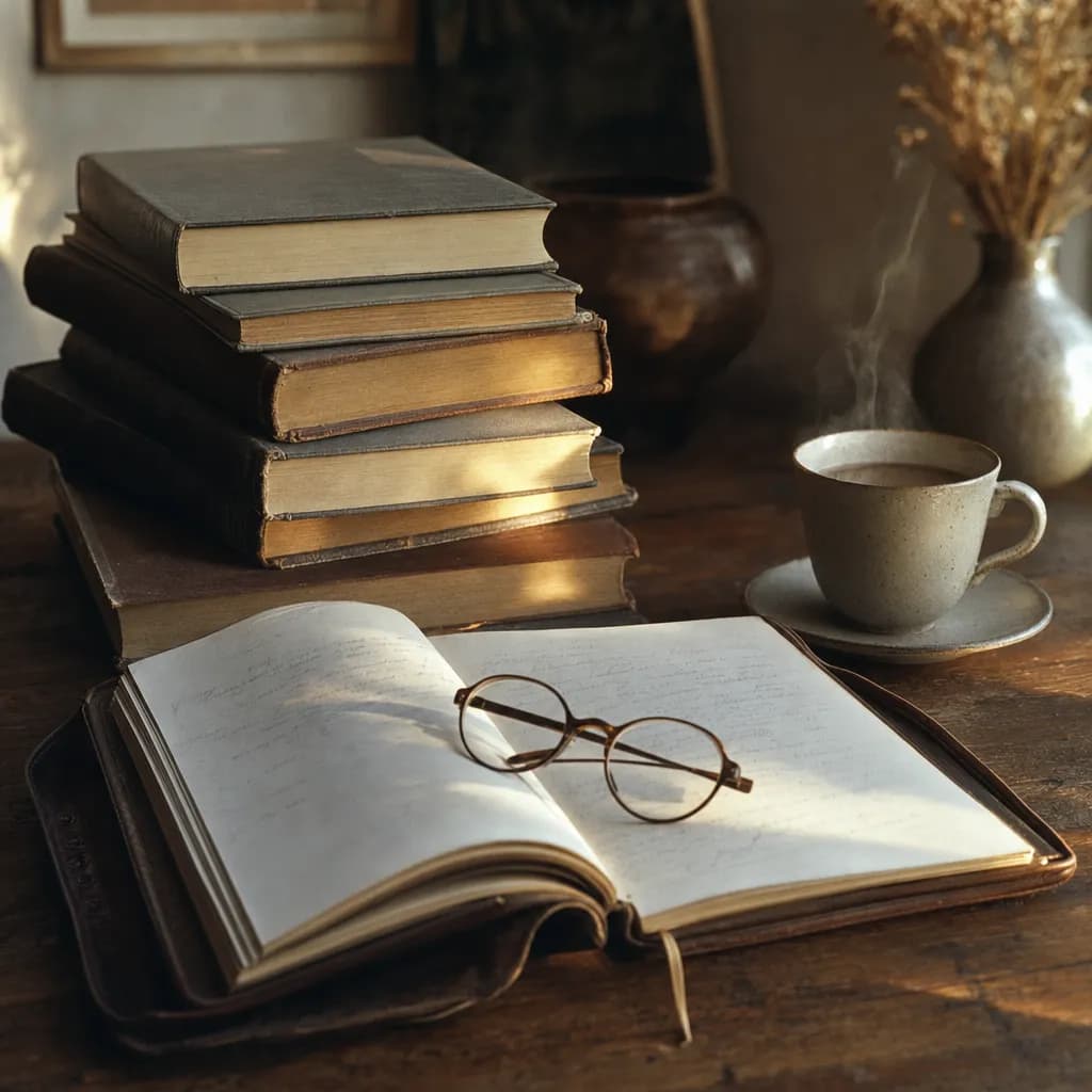 Livros, caderno aberto e xícara de chá em mesa de madeira — workspace contemplativo de professor.