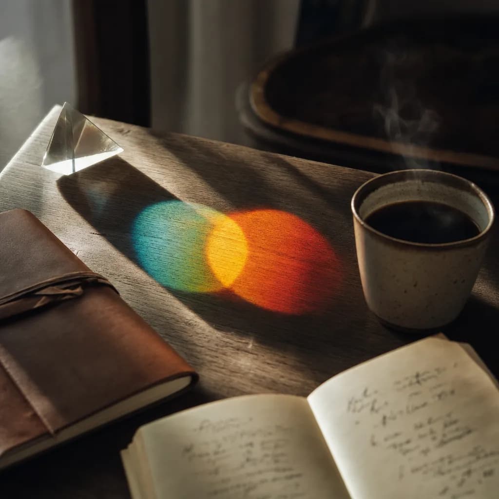 Workspace contemplativo com luz refratada formando uma vesica piscis cromática sobre a mesa de madeira.