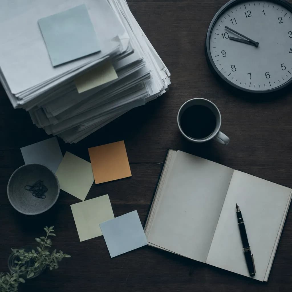 Vista superior de mesa com pilha de papéis, post-its, relógio e xícara — tempo consumido por processos manuais.