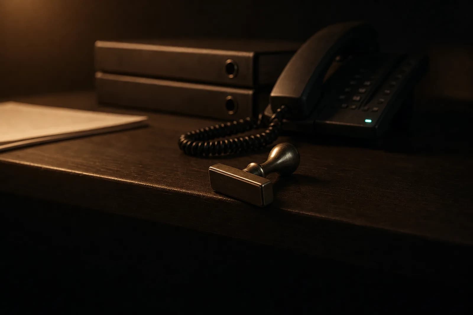 Telefone de escritório desliza para a borda da mesa, separado de três pastas fechadas e um carimbo metálico.