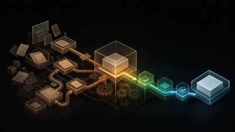 Fluxo de trabalho empresarial com etapas visíveis e engrenagens ocultas representando esperas, retrabalho e tarefas manuais pouco percebidas.