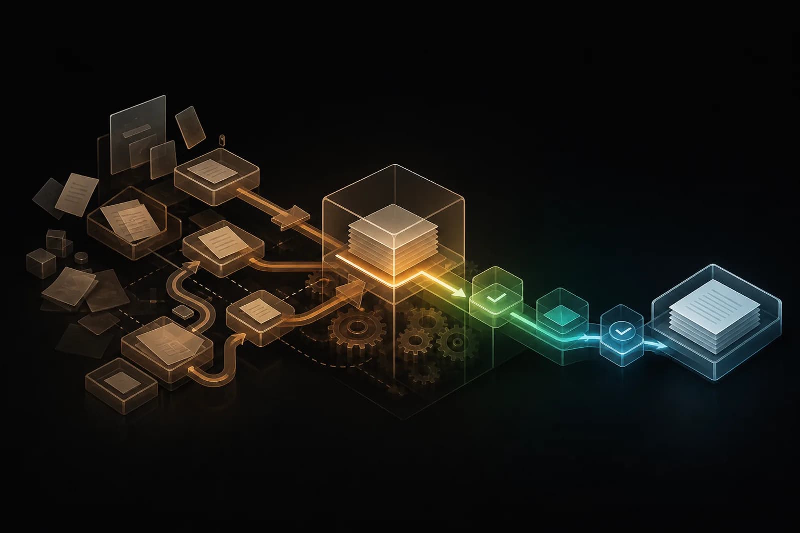 Business workflow with visible steps and hidden gears representing waiting, rework, and overlooked manual tasks.