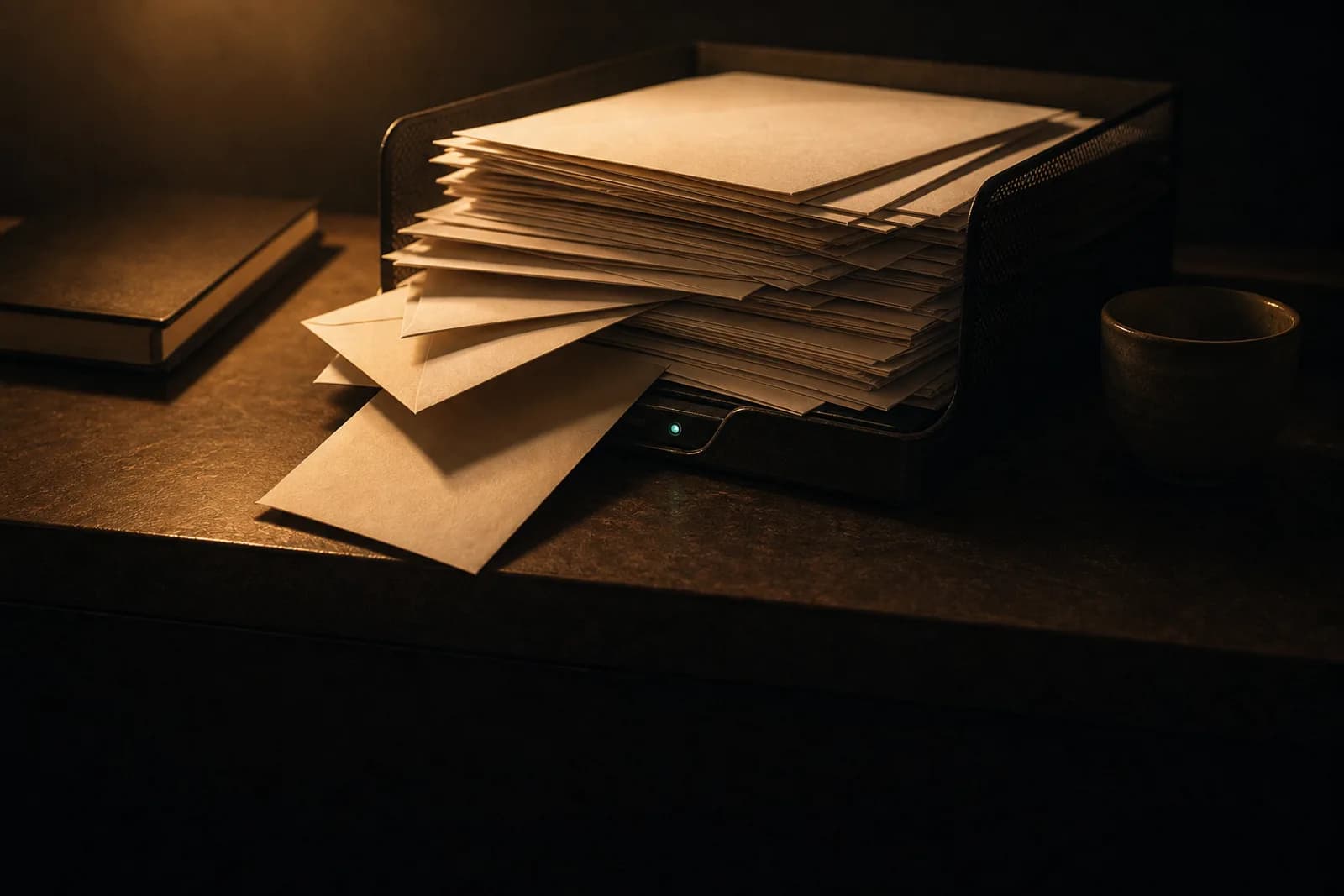 Bandeja de entrada cheia de envelopes em branco ocupa o centro de uma mesa de gestor, com caderno fechado e xícara ao lado.